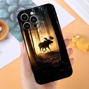 1pc Moose Dashing Through Mist Mobile Phone Case for iPhone 17 promax/16/15/14/13/12/11 Case, Cute Cartoon Soft Protective Retro Mobile Phone Case Cover for (Black), Stylish and beautiful