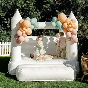 10' X 10' PVC White Bounce House for Kids Outdoor Play with Balloon Arch Decoration & 750 Blower for Birthday Parties & Festive Events