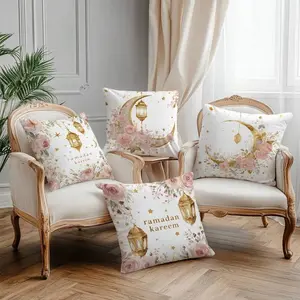 4-Piece Crescent Lantern Floral Pattern Ramadan Decoration Pillow Covers, 45x45cm, Short Plush Material, Hidden Zipper, Indoor Outdoor Use