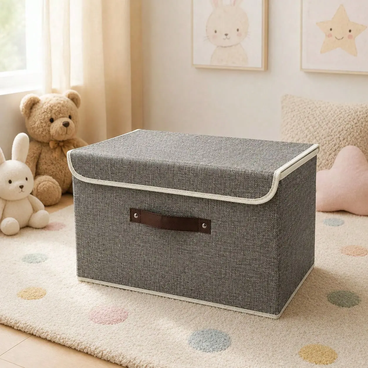 Gray Small Collapsible Fabric Storage Box with Lid On - Simple Clothing Organizer Bin with Handle, Dustproof Closet Storage Chest for Bedroom, Home Organization