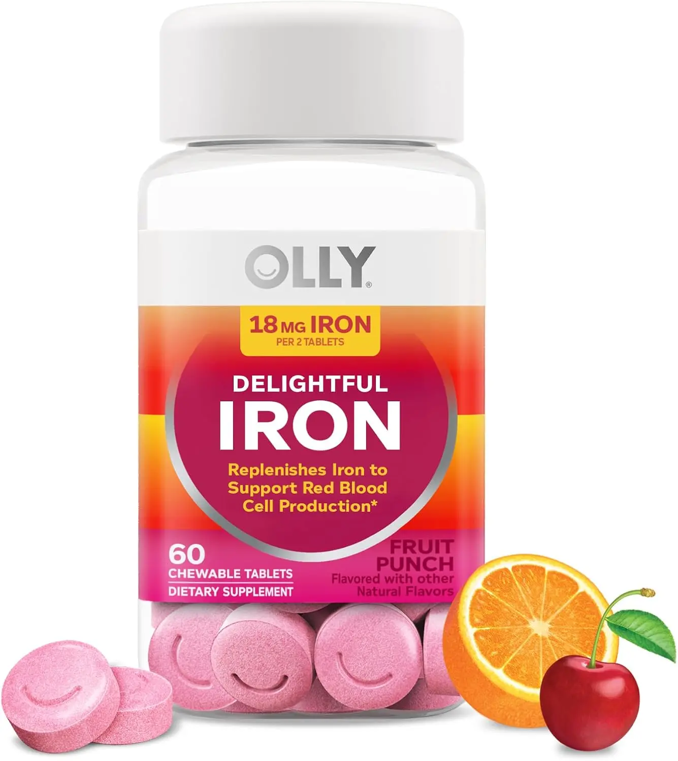 OLLY Delightful Iron Chewable Tablet, 18 mg Iron, Fruit Punch - 60 Count