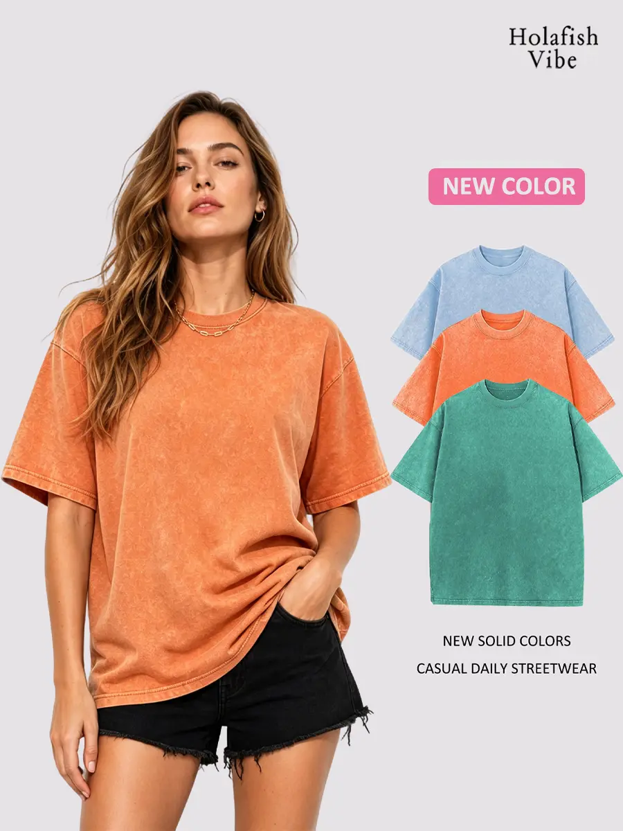 Holafish Women's Vintage Acid Wash Round Neck Short Sleeve Oversized Loose-Fit Cotton T-Shirt - Soft, Breathable Casual Top for Streetwear, Beach Outings with New Colors