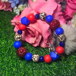 Sassy fireworks wristlet keychain color scheme royal blue, red, leopard print and bling beads made with wire trending wristlet