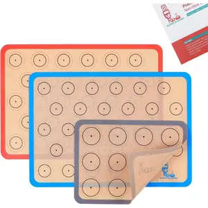 Silicone Baking Mat Macaron - Set of 3 (2 Half Sheet Liners and 1 Quarter Sheet), Non Stick Silicon Cookie Oven Liner For Macaroons, Bake Pans, Pizza, Toaster, Cake and Bread Making (Red,Blue,Gray)