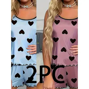 2pcs Mix Color Ladies' Love Printed Strap Sleepwear Shorts Set