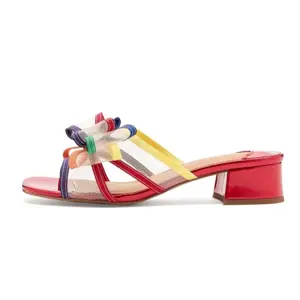 J. Renee Finola Block Heel Slide Sandals with Colorful Bow Straps and Patent Finish