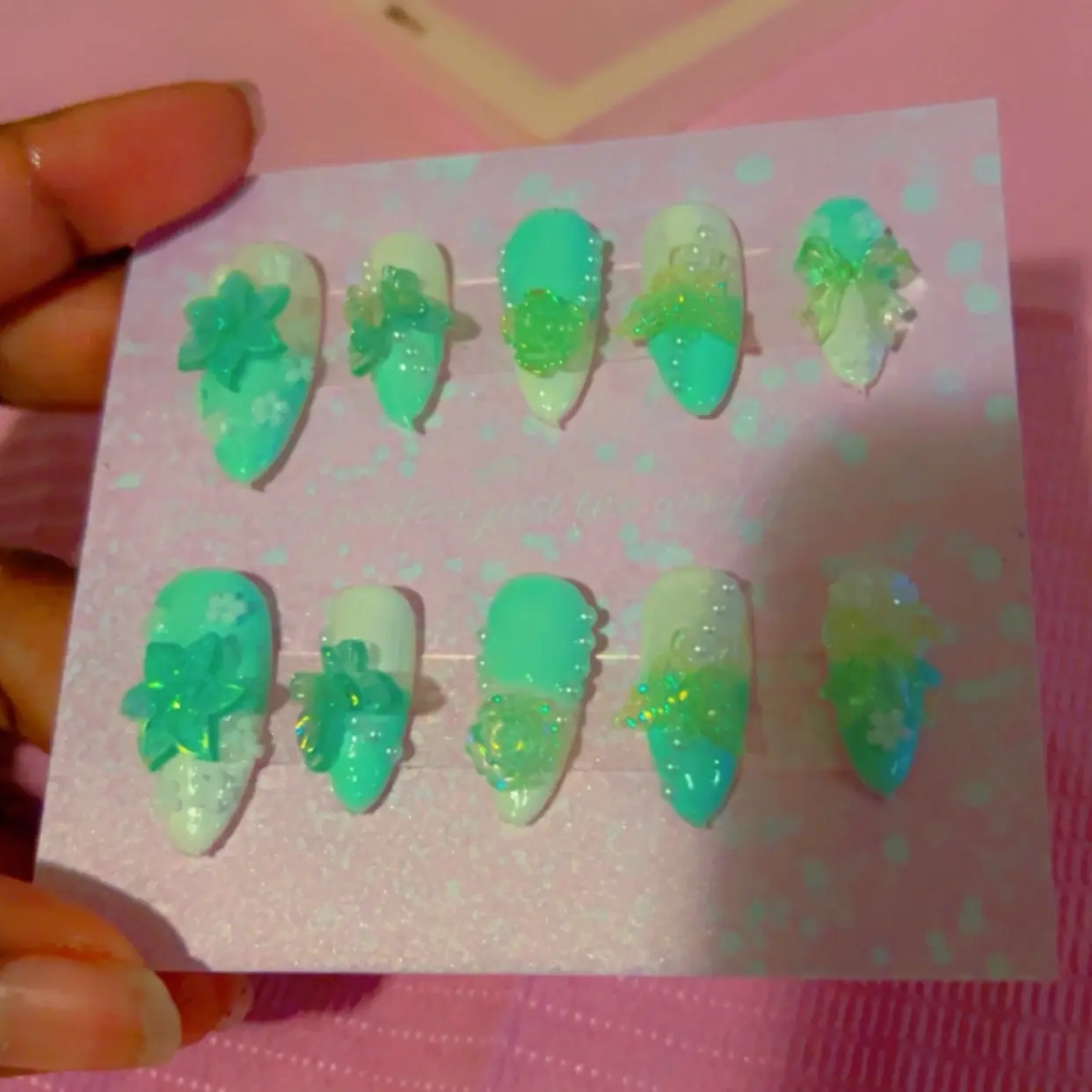 Mint green handmade easy press on nails