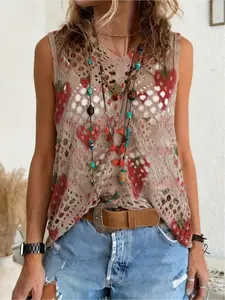 Spring/Summer style, V-neck diamond hollow-out sleeveless cover-up, contrast color strawberry print women's knitted top, vacation style, casual and elegant for commute, women's vest cover-up, bikini cover-up, Bohemian vacation style beach cover-up.