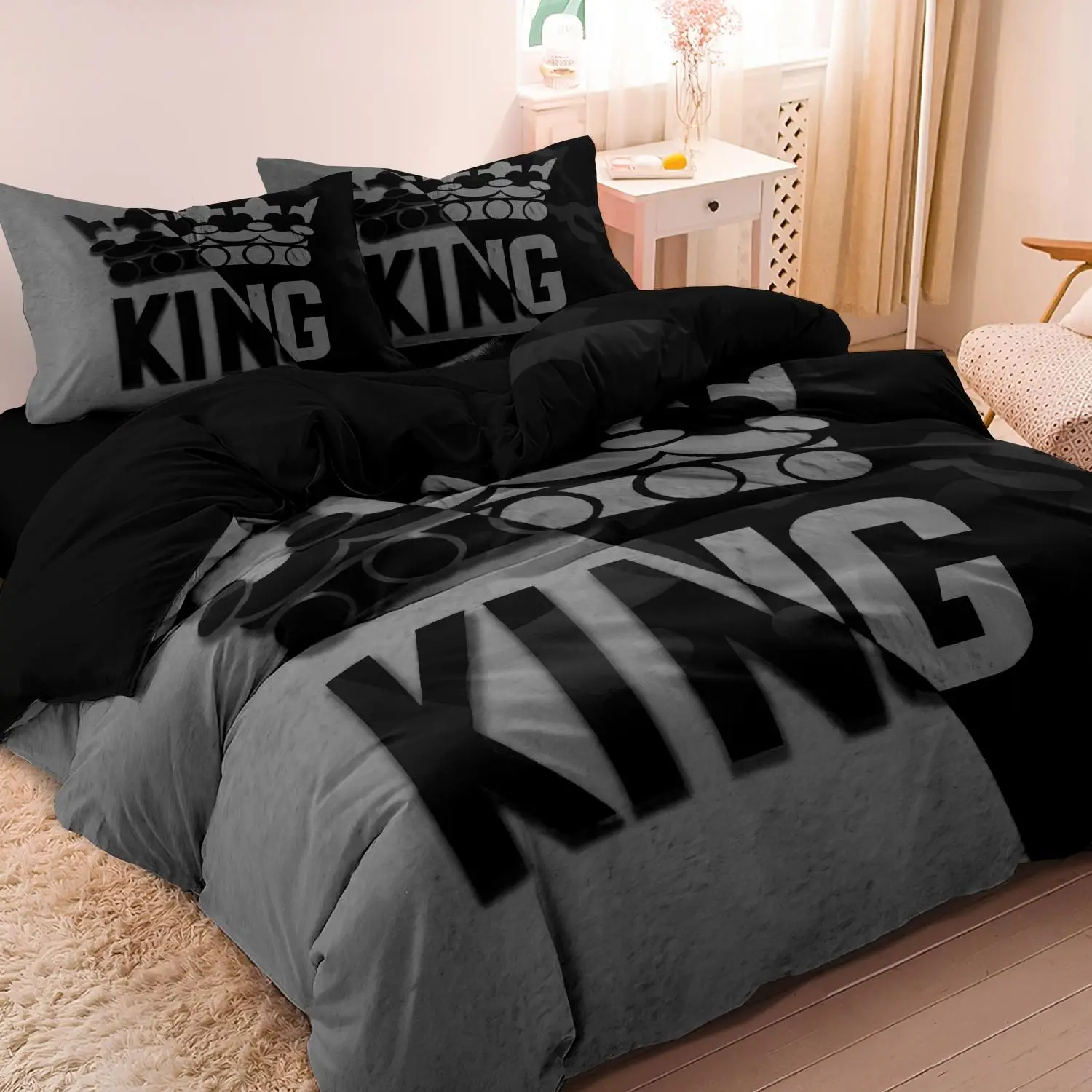Crown King Print Duvet Cover Set, 3 Counts/set Including 1 Count Duvet Cover & 2 Counts Pillowcases without Filler, Soft Comfortable Bedding Set for B
