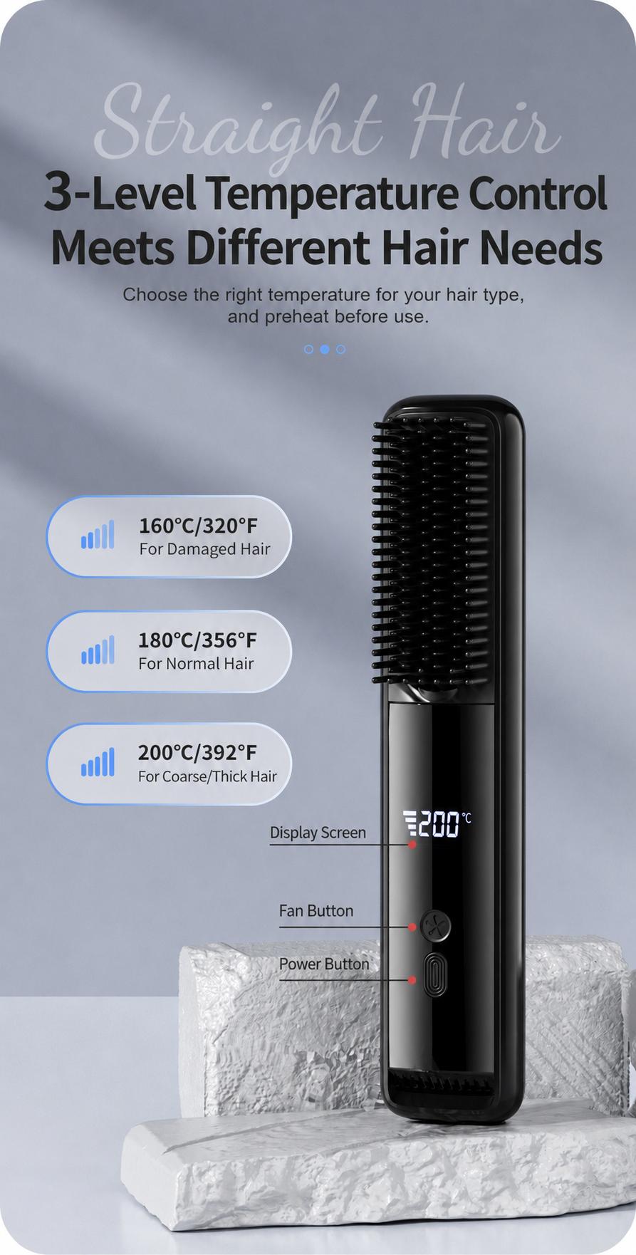 Lightweight Hair Straightener Brush with MCH Rapid Heating, 3 Temp Levels & Cool Air Styling, Fast Charging Travel Ready Hair Tools with Digital Display, Adjustable, Cordless, Anti-Frizz, Dual Voltage, Smooth, Straightening Curly Hair