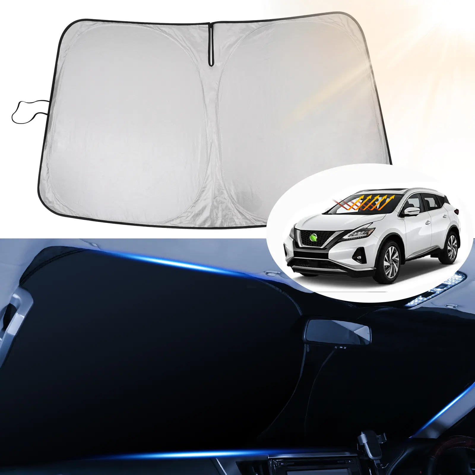 Canvcle Custom-Fit Durable Front Windscreen Shade Cover for Nissan Murano SUV 2015-2024, Double-Thickness Reflective Thermal Insulating Polyester-Synthetic, Foldable Visor, UV-Protective Window Shade, Heat Blocker, Easy Install & Storage