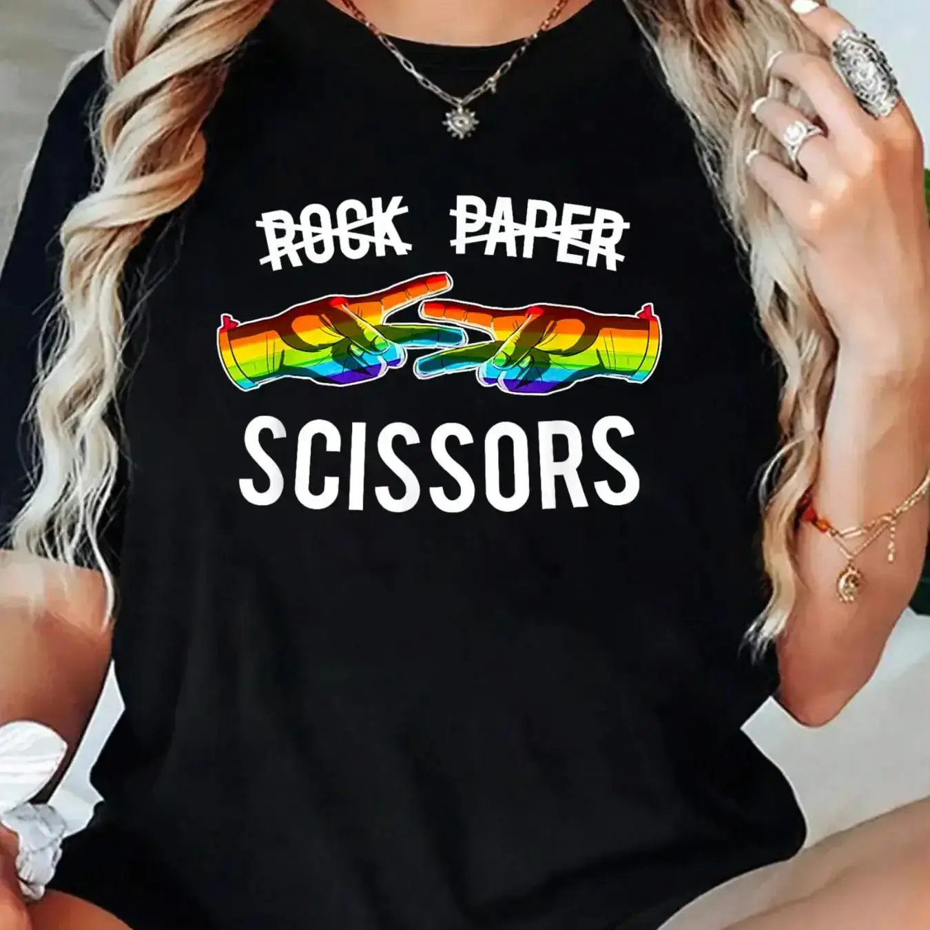 Women's Short-Sleeve Breathable Casual LGBT Lesbian Pride Rainbow Rock Paper Scissors Graphic T-Shirt, Funny Vintage Top