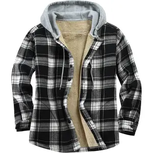 Men's Fleece Lined Cotton Plaid Flannel Sherpa Button Down Hooded Jackets for Men