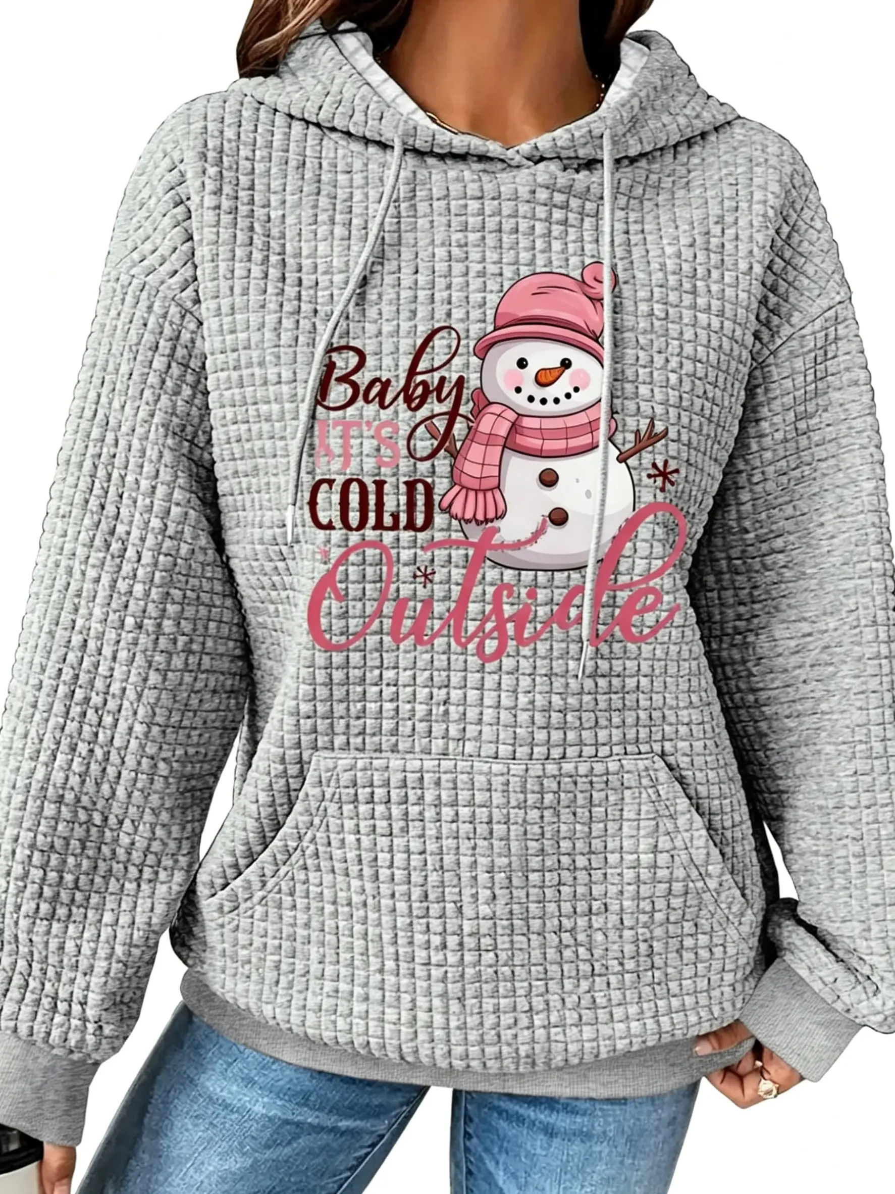 Women's Trendy Fall & Winter Hooded Funny Sweatshirt with Cartoon Snowman Print,Long Sleeve Pocket Design, Trendy Hooded Sweatshirt,Soft Drawstring Waffle Hoodie for Casual Vacation & Casual Attire