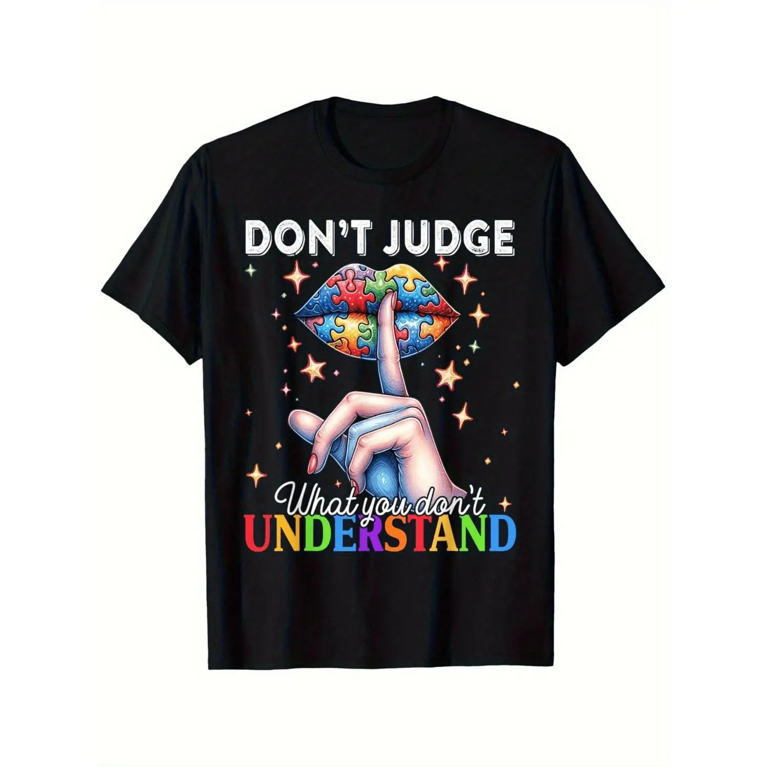 Autism Awareness TShirt Featuring Colorful Puzzle Lips and Bold Text Perfect for Casual Wear and Gift GivingBreathable Cotton Casual Top