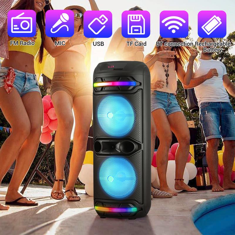 Powerful Bluetooth Party Speaker Dual 12" Woofer Portable Rechargeable Stereo Wireless Speaker With LED Lights FM Radio Wireless Microphone Karaoke Machine Audio
