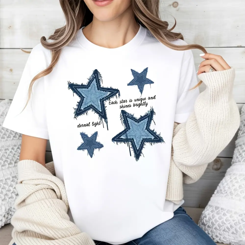 Women's Star Patch T-Shirt, Casual Oversized Loose-fitting Top, Heavyweight 100% Cotton Summer Streetwear
