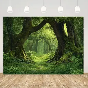 1PC,2D Flat Enchanted Forest Archway Door Banner, Fantasy Green Jungle Decor Curtain, Party Event Backdrop Wall Hanging, Home Decoration Tapestry, Create Mysterious Natural Atmosphere