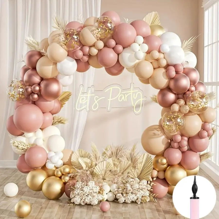 127Pcs Bohemian Pink and Gold Balloon Arch Set with Balloon Pump and Metallic Embellishments; Ideal for Birthday Decorations, Wedding Decorations, Bridal Party Decorations, Summer Parties, and Gender Reveal Proms.