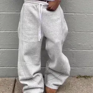 Y2k Embroidered Striped Baggy Sweatpants Grey and White Comfortable Loose Fit Joggers for Men