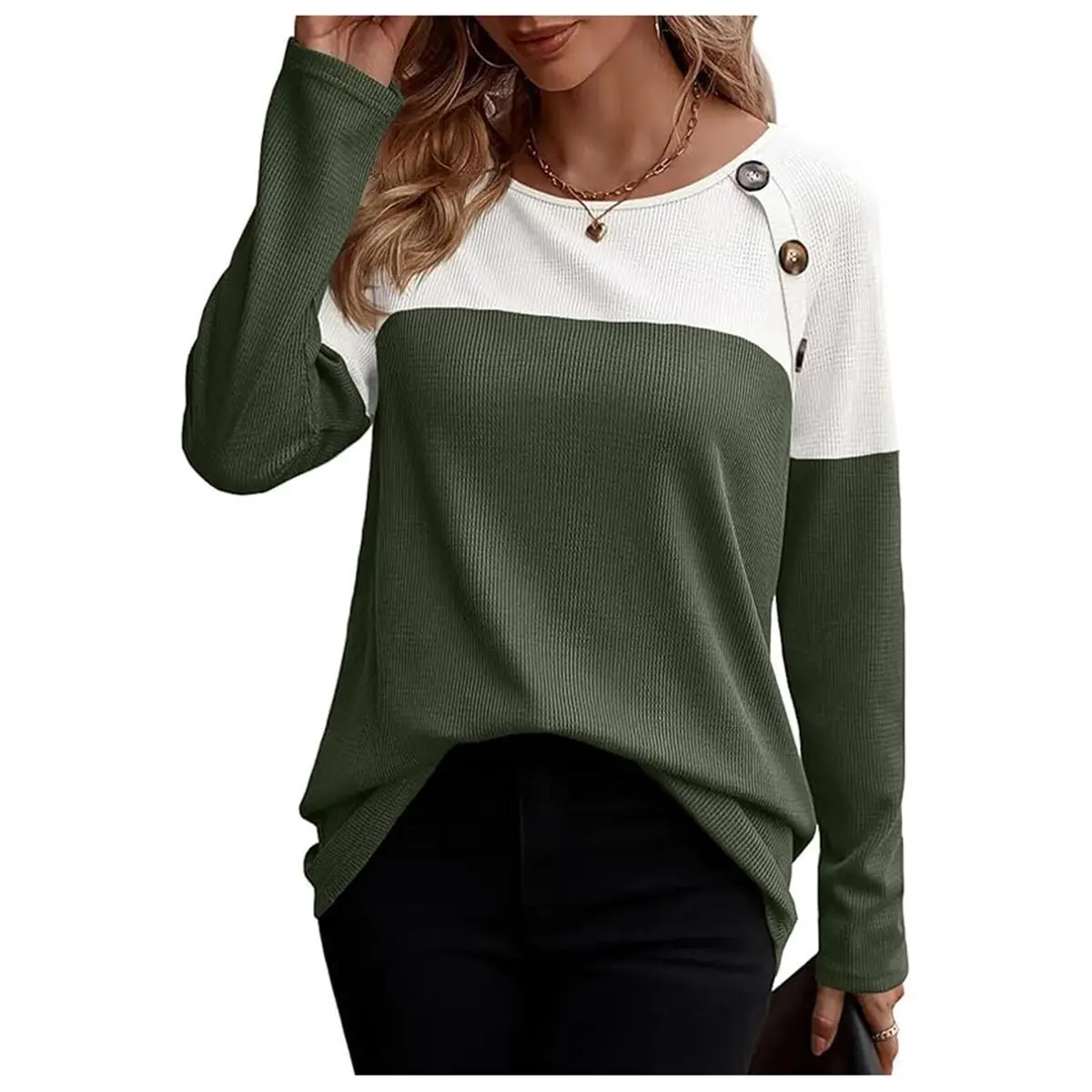 Women's Chic Cotton Knitting Color Block Waffle Knit Crewneck Long-Sleeve Button-Decor Tunic Sleeve Shirt - Cozy, Casual-Fit Tops for Spring, Fall, Long Sleeves, Women's Clothes