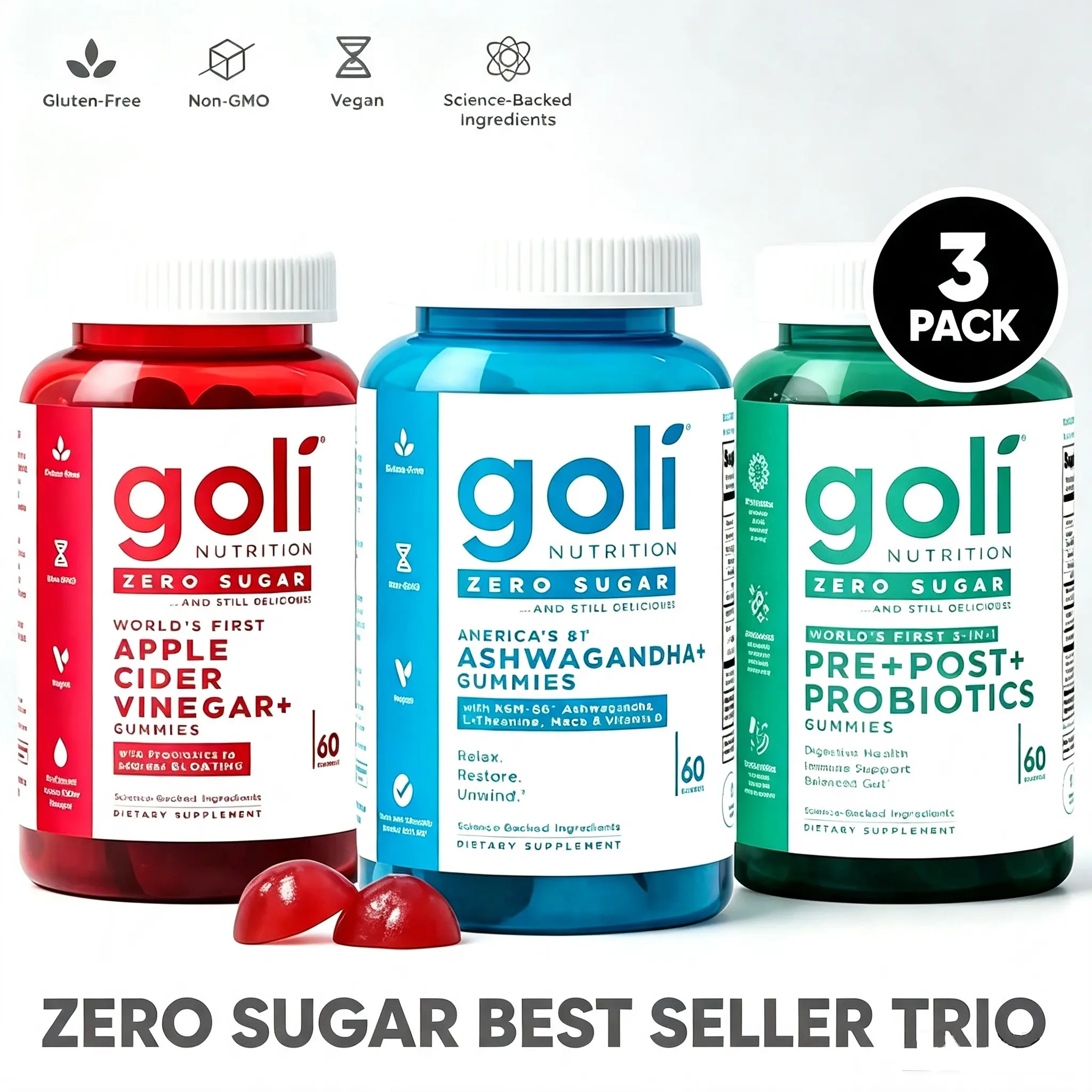 Goli Nutrition Zero Sugar Best Seller Trio - World's First 3-in-1 Pre Post Probiotic Apple Cider Vinegar with Vitamin B12 & Ashwagandha Gummies - Gluten-Free Vegan Non-GMO & Gelatin-Free - 60 Count - Healthcare
