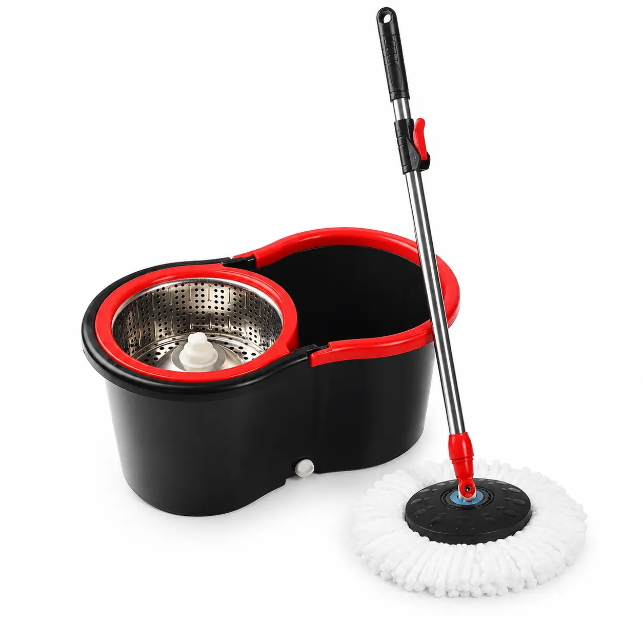 Spin Mop and Bucket Set with Stainless Steel Wringer, 360° Rotating Microfiber Floor Mop, Dual-Compartment Cleaning Bucket with Drain Plug, 1 Mop Head