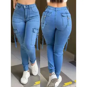 Women’s High-Elasticity Skinny Cargo Jeans with Side Pockets – Stretch Denim, Mid-Rise, Light Blue, Street Style, Machine Washable Pants, Women’s Wear Fit Bottom, Rayon Trouser, Streetwear Fabric