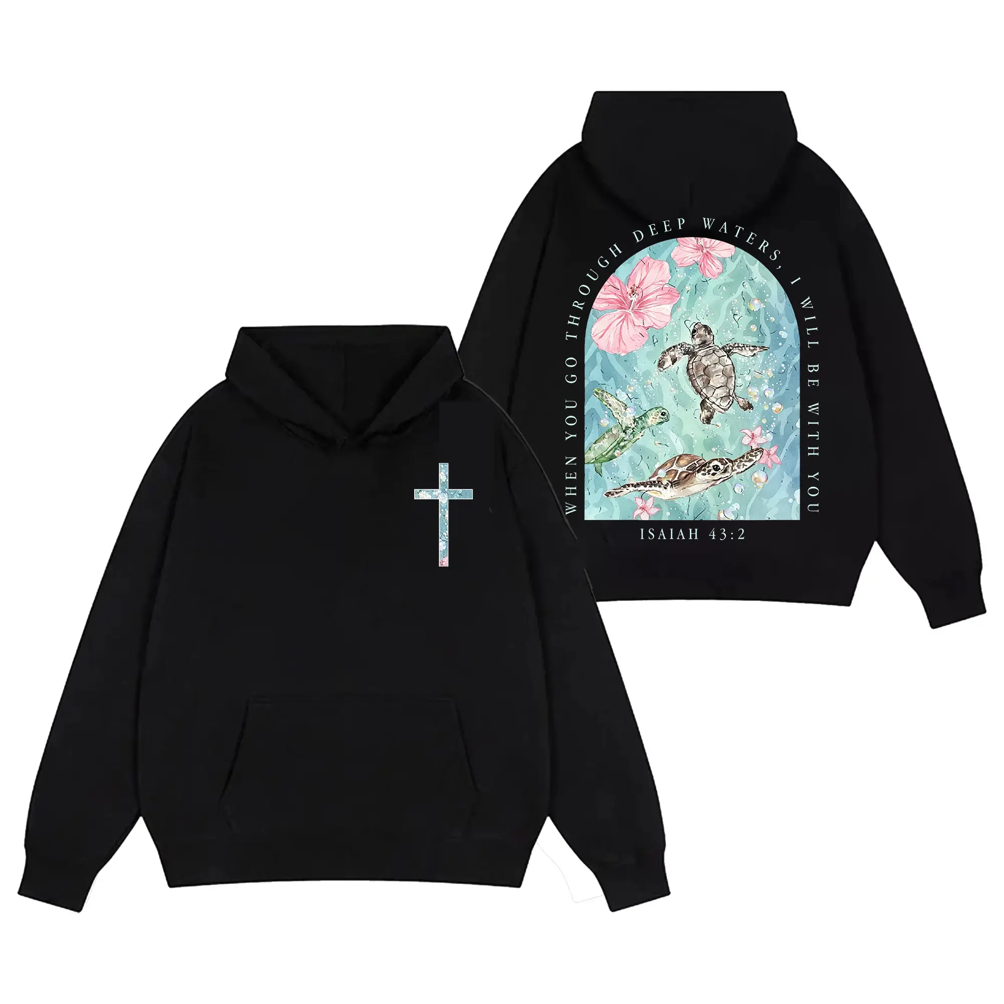 Vintage Isaiah 43:2 Sea Turtle Hibiscus Front Back Christian Hoodie, Washed Black Oversized Cotton Crewneck Hoodie, Floral Watercolor Cross Chest Religious Scripture Faith Gift Top For Women Believers Beach Casual Streetwear