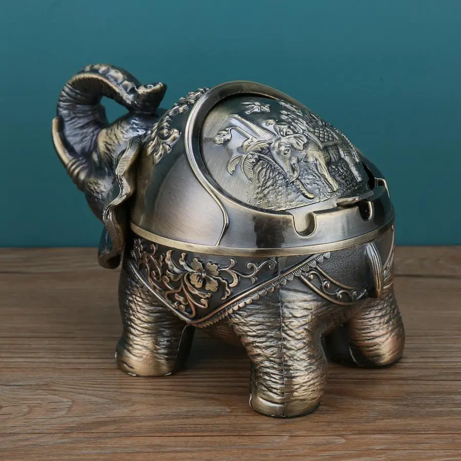 Bronze Small Elephant Metal Ashtray - Large Windproof Covered Ash Tray for Home, Office, Unique Animal Decor