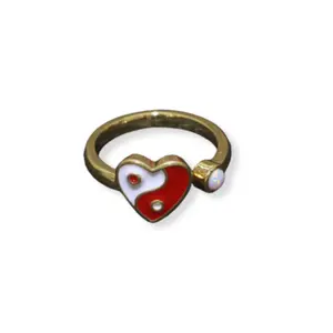 Red and White Yin Yang Gold Heart Ring