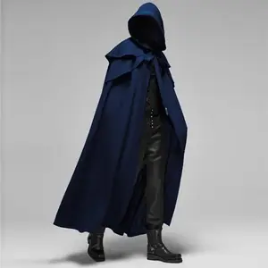 Medieval Vintage Hooded Loose Black Cloak Coats Windproof Trench Chic Winter Long Cape Poncho Mens Monk Cosplay Menswear Clothes(Raincoats)