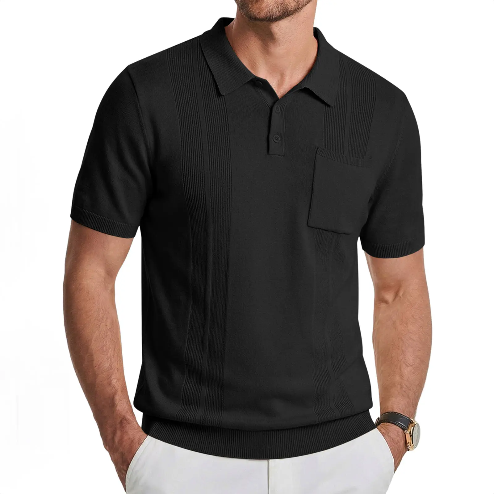 JMIERR Mens Polo Shirts Textured Knit Short Sleeve Golf Polos V-Neck Stretch Polo Casual Button Collared T Shirt Summer Tops