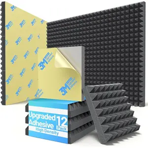 12 Pack Pyramid Sound Proof  Panels for Walls with  Self-Adhesive 3"X12"X12" High Density Acoustic Panels Sound Absorbing -Expanding Soundproof Wall Panels for Gaming Studio Decor-Black