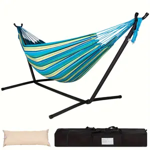 Heavy Duty Double Hammock Steel Stand 450 lbs Capacity Blue Outdoor Indoor Hammock with Carry Case Head Pillow Space Saving Sturdy Steel Frame Portable Camping Patio Balcony Backyard No Assembly Required