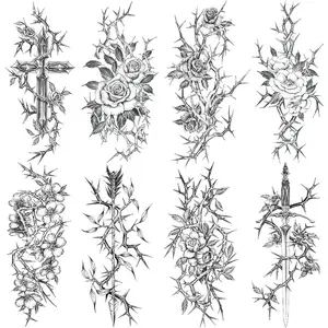 8 Pcs Thorn Temporary Tattoo Stickers, Waterproof Long-Lasting Sword Flower Rose Cross Design, Suitable for Adults Men Women Body Art