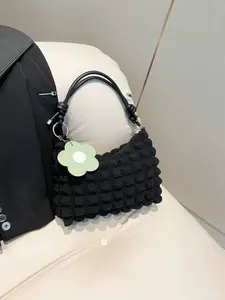 Women's Bubble Cloud Shoulder Bag with Flower Pendant, Lightweight Daily Commute Handbag, Shopping Travel Crescent Moon Bag