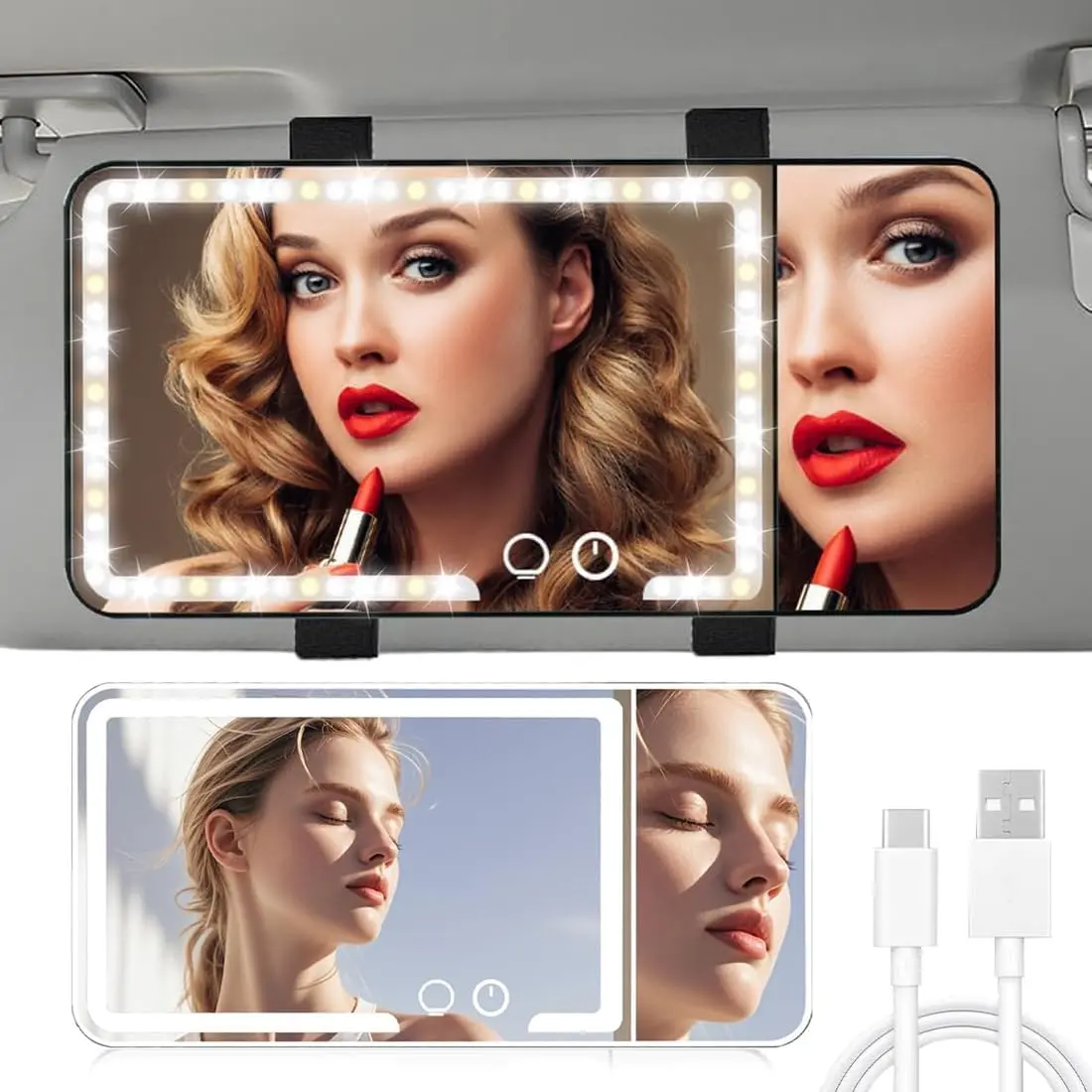 LED Car Sun Visor Vanity Mirror - Upgraded 3X Detail, Rechargeable Makeup Mirror with 3 Light Modes & 4-Level Brightness, Dimmable Touch Control for Cars, SUVs, Trucks