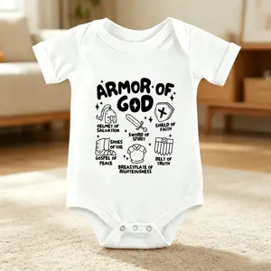 Soft Cotton Baby Short Sleeve Romper with Snap Closure Cute Armor of God Christian Graphic Doodle Faith Jumpsuit Sunday School Baptism Gift