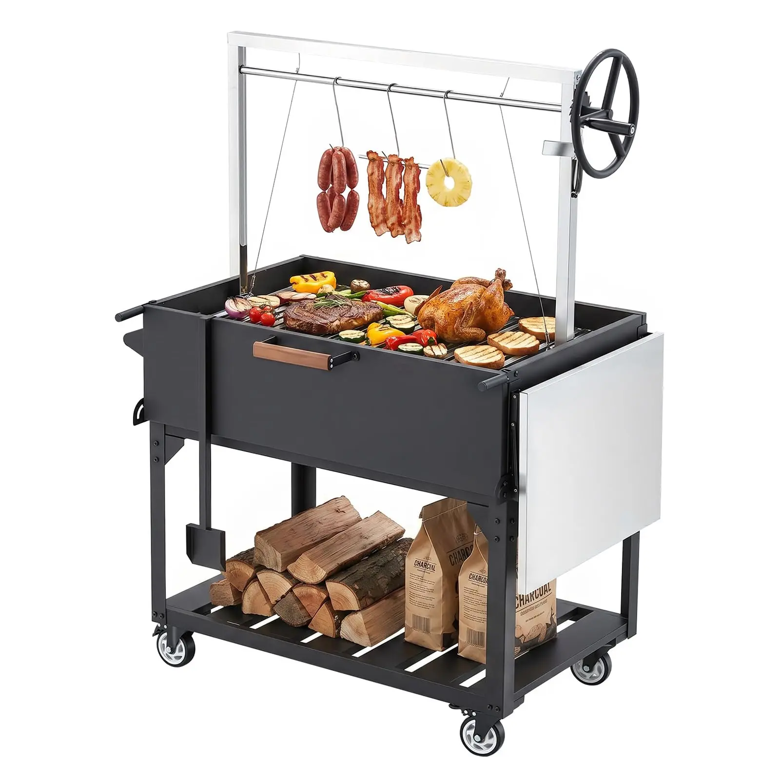 YODOLLA Wood & Charcoal BBQ Grill with Adjustable Cranking System, Argentine & Santa Maria Style Grill Cart, Foldable Side Table, Thick Stainless Steel Grill Chamber, Waterproof Structure, Tool-Free Easy Assembly