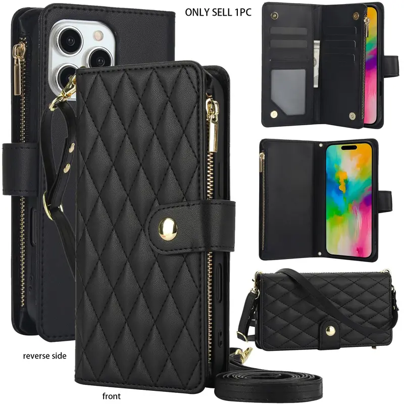 Quilted Pattern Phone Case with Card Holder, Adjustable Crossbody Zipper Purse Case with Kickstand Detachable Wrist Strap, Flip Folio Case for iPhoneiPhone 18/17Air16e/ 16/ 15/ 14/ 13/ 12/ 11 Pro Max, Screen Protector