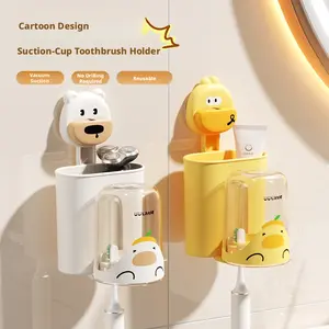 Cute Cartoon Suction Cup Toothbrush Holder Wall Mounted No Drilling Toothpaste Cup Organizer for Kids Bathroom