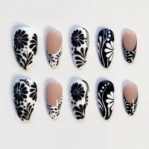 Fall Daisy Nails/White Nails/Black Press on nails long almond nails/Fall Nails/Bloom Floral Nails/Elegant Nails/April birthday flower Nails