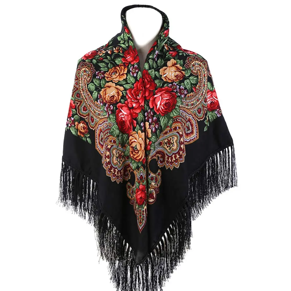 Boho Shawl Wrap for Women, Large Square Scarf with Retro Floral Pattern, Soft Breathable Cotton Blend Poncho with Tassels, Cape Shawl, Casual Soft Scarf, Fashion Neck Shawl
