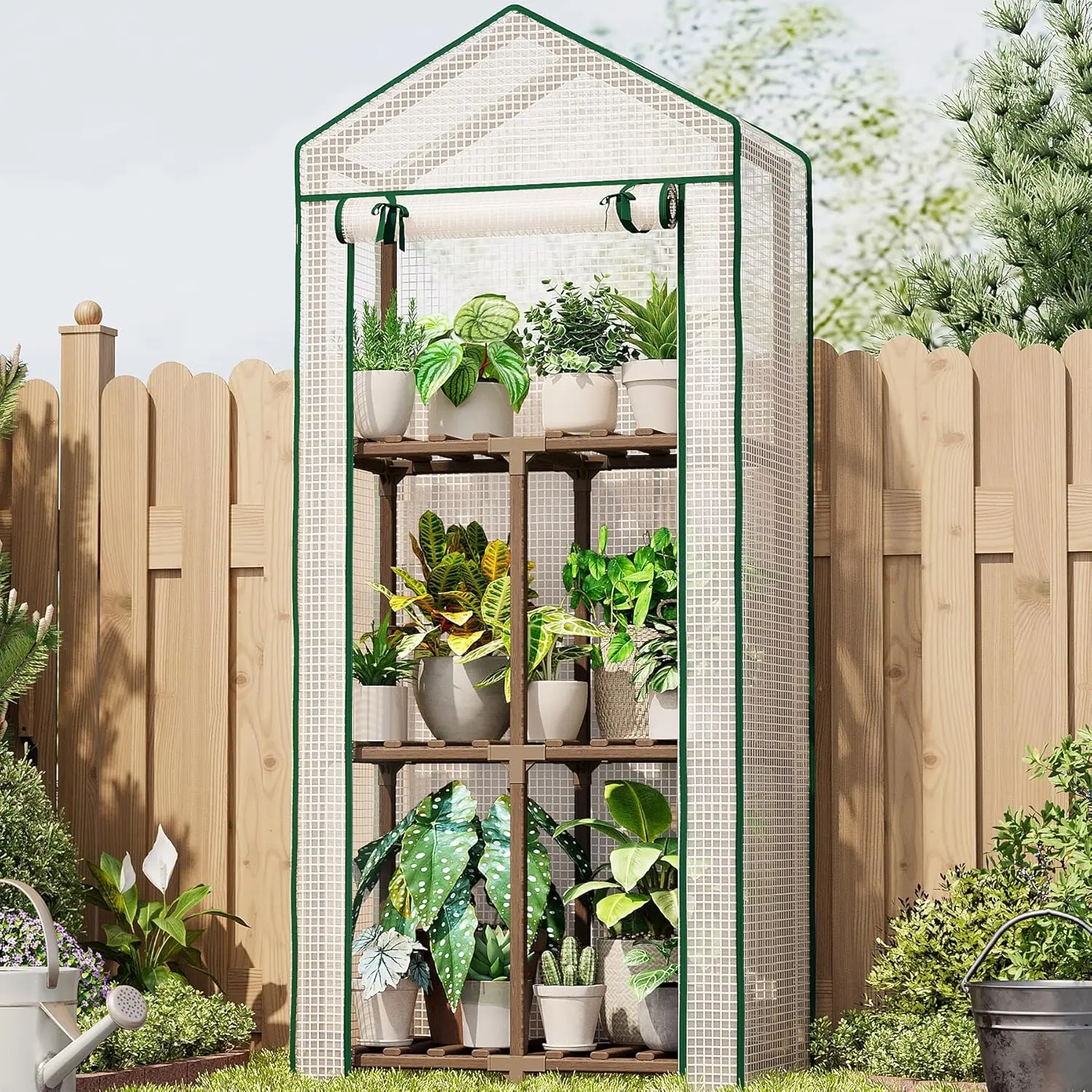 23 x 17 x 54-Inch Mini Greenhouses for Outdoors Portable Green House with PE Cover Sturdy Eucalyptus Wood Frame Small Greenhouse for Winter Plant Frost Protection Plant Garden Hot House
