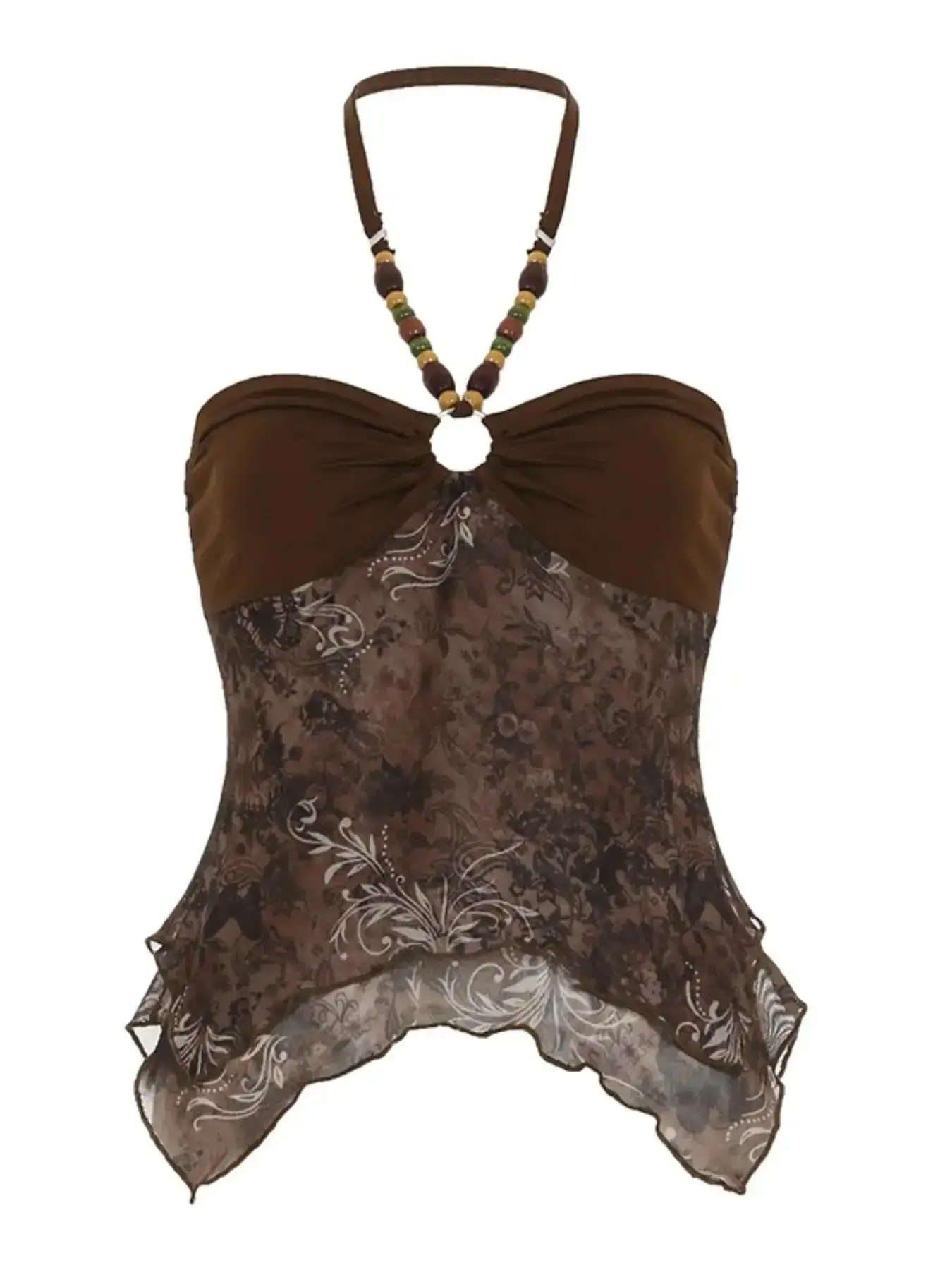 Vintage Floral Print Mesh Beaded Halter Spaghetti Strap Backless Top, Sexy Y2K Summer Beach Tank Top, Cute Grunge Vacation Sleeveless Vest for Women, Lady, Halter Neck Camisole, Backless Bodycon Cami