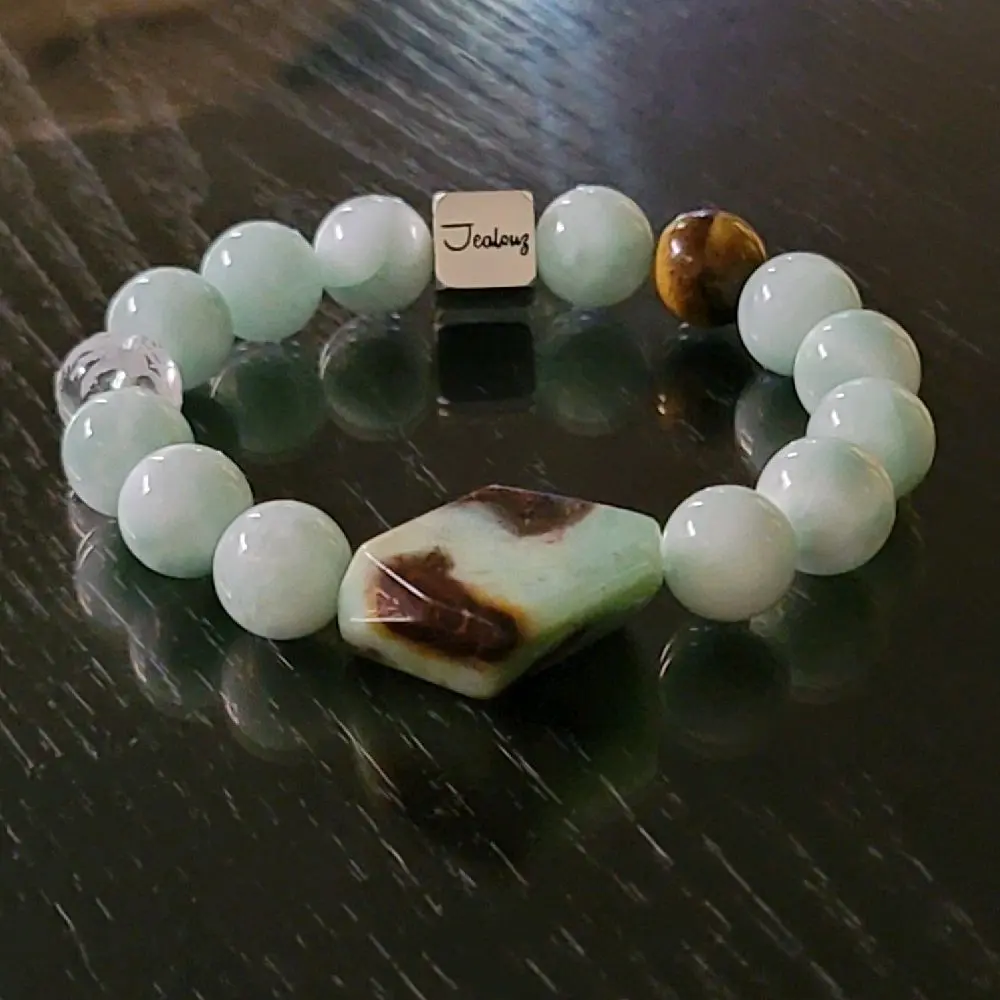 JealouzJewelry Sterling Silver 12mm Moonstone Tiger's Eye Gemstone Lucky Bracelet with Unique Design and Natural Stones