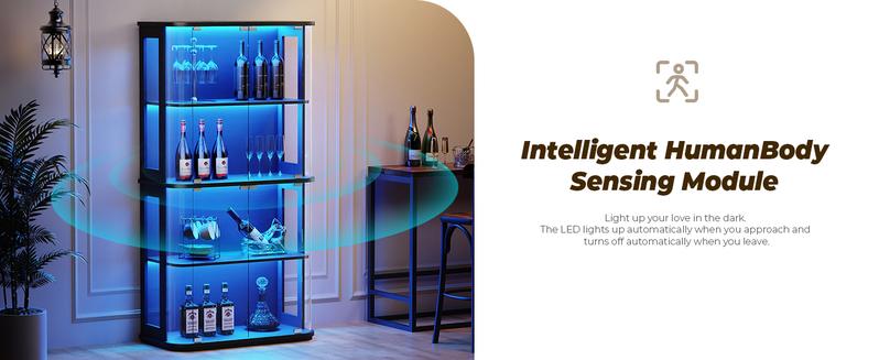 BROTTAR 65" Rounded Display Cabinet with Glass Door, 4-Tier Curio Cabinet with Transparent Full-Display Surface, Glass Display Case with 3 Color Lights for Collectibles, Human Body Sensor, White