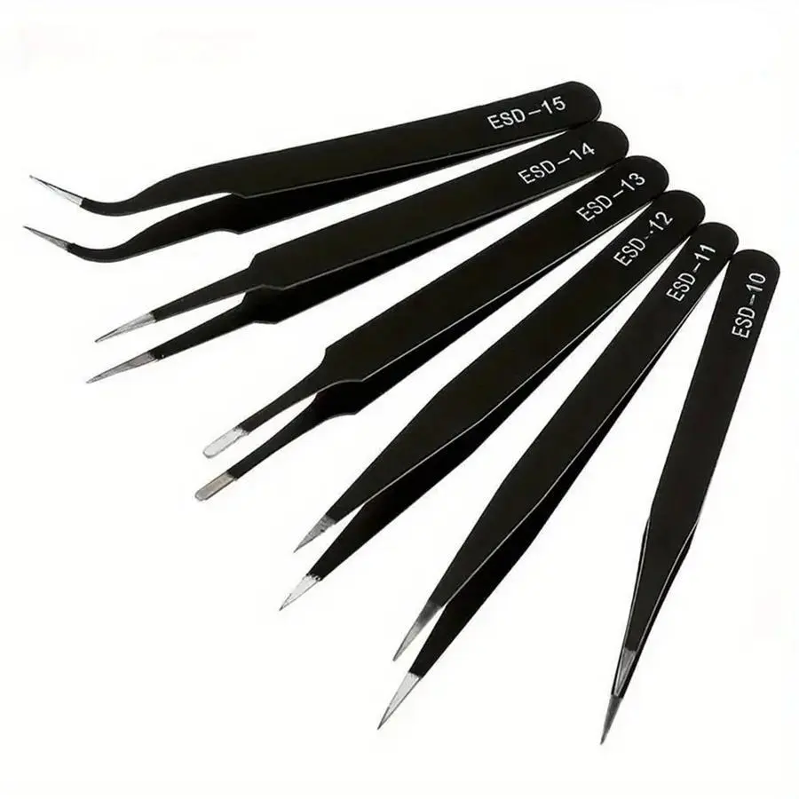 ESD Anti-static Stainless Steel Curved Tweezers Set, 6 Counts High Hardness & Elasticity Tweezers Set for Precision Maintenance, Electronics Repair, Model Making