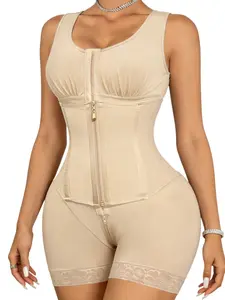 1 Count Women's Support Front Hook Zipper Dual Closure Shapewear, Fajas, High Stretch Tummy Control Butt Enhancing Hourglass Full Body Shaper, Colombian Shapewear, Sleeveless Lace Anti Slip Hem Bodysuit with Zipper Crotch Design, Ideal for Yoga & Sports